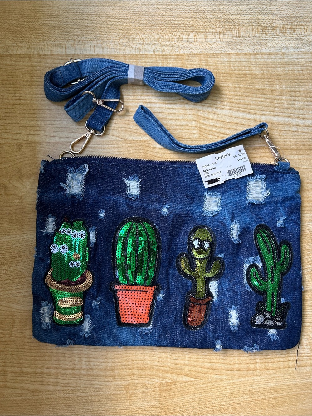 Sam Forever Cactus Sequin Distressed Denim Look Crossbody Clutch Bag NWT